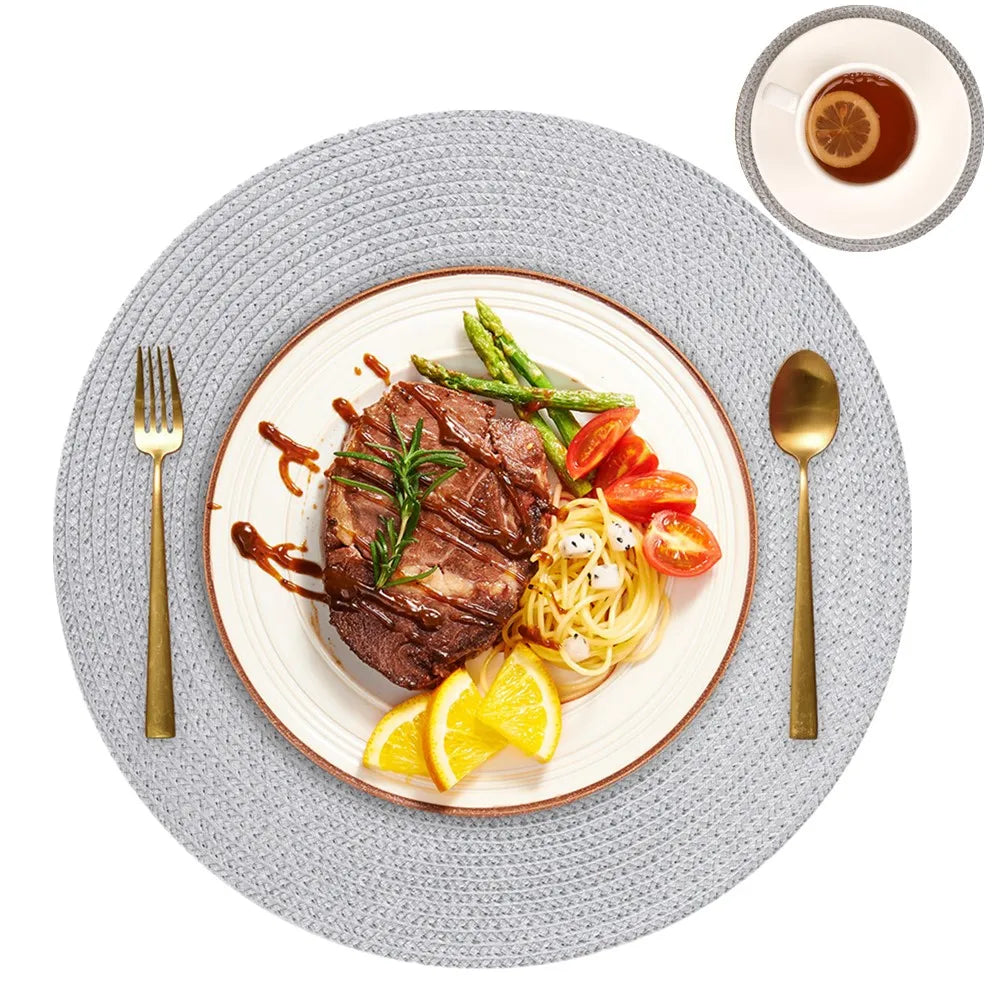 Set mit 6 runden geflochtenen Tischsets 34 cm waschbar rutschfest