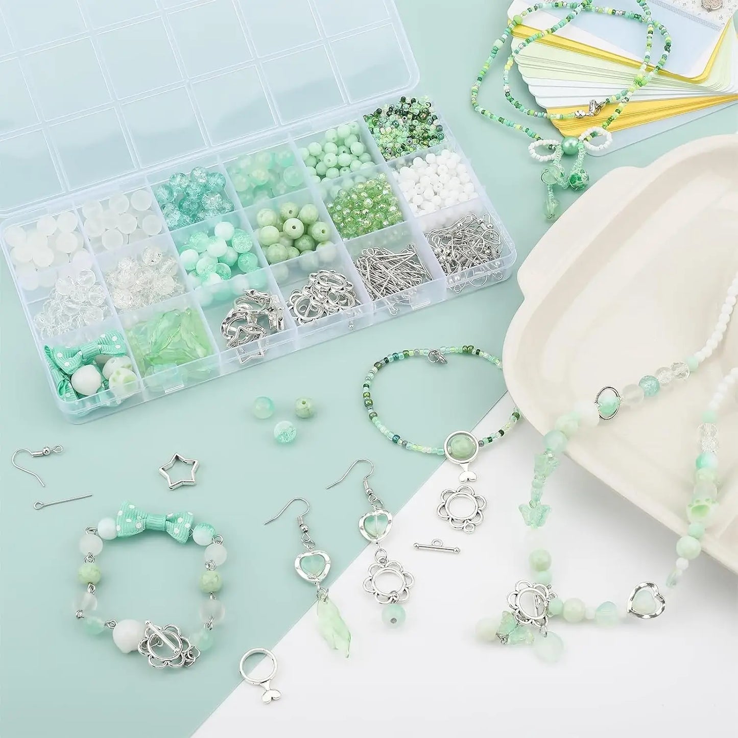 Grünes Glasperlen Set für Armband Halskette Ohrringe DIY Schmuckherstellung