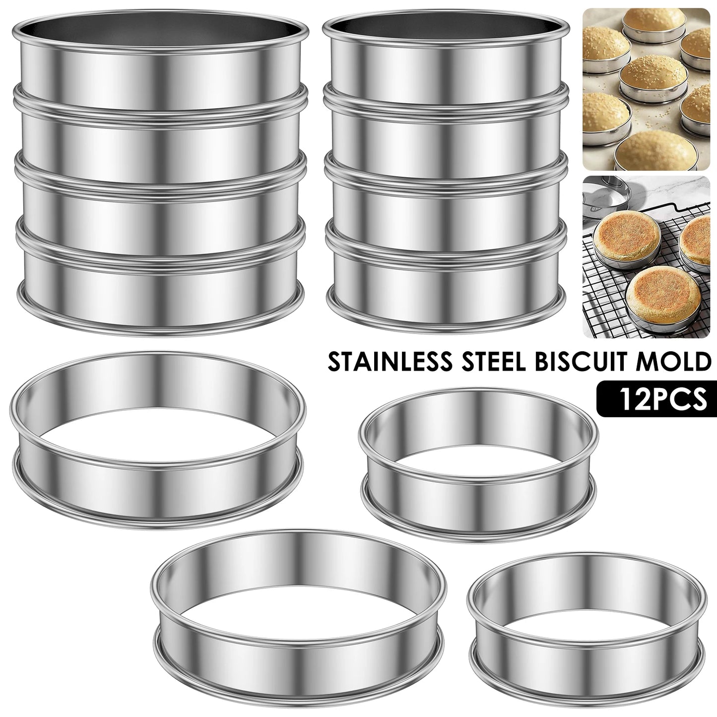12er Set Edelstahl Muffin Crumpet Ringe Antihaft Doppelt Gerollt
