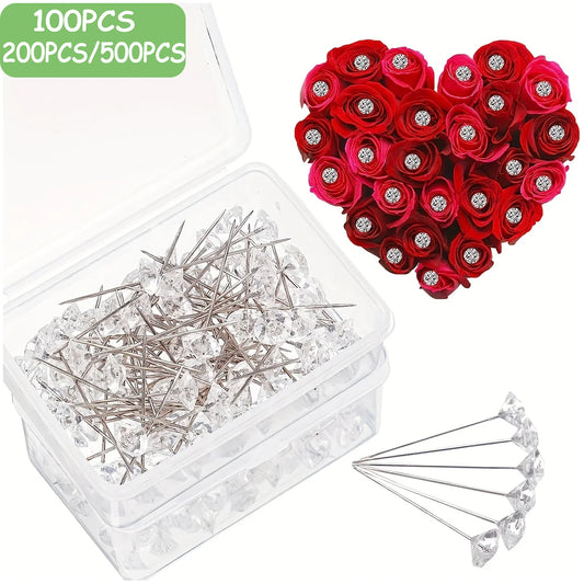 100/500 Stück Blumenstraußnadeln, Blumennadel, runde Diamant-Kristall-Blumennadeln, Strass-Hochzeits-Anstecknadeln, Diamantkopf, gerade Anstecknadel - Yabubest - Home & More