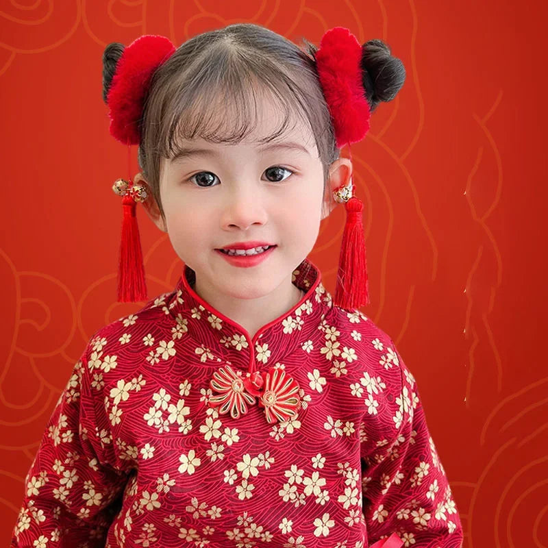 Traditionelle rote Quasten Haar Schlaufen – 2 Stück Polyester für Mädchen