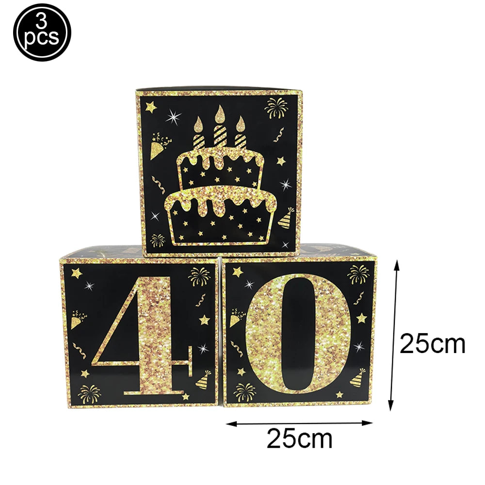 Elegante Schwarz Gold Papierbox mit Zahlen für Geburtstagsfeiern