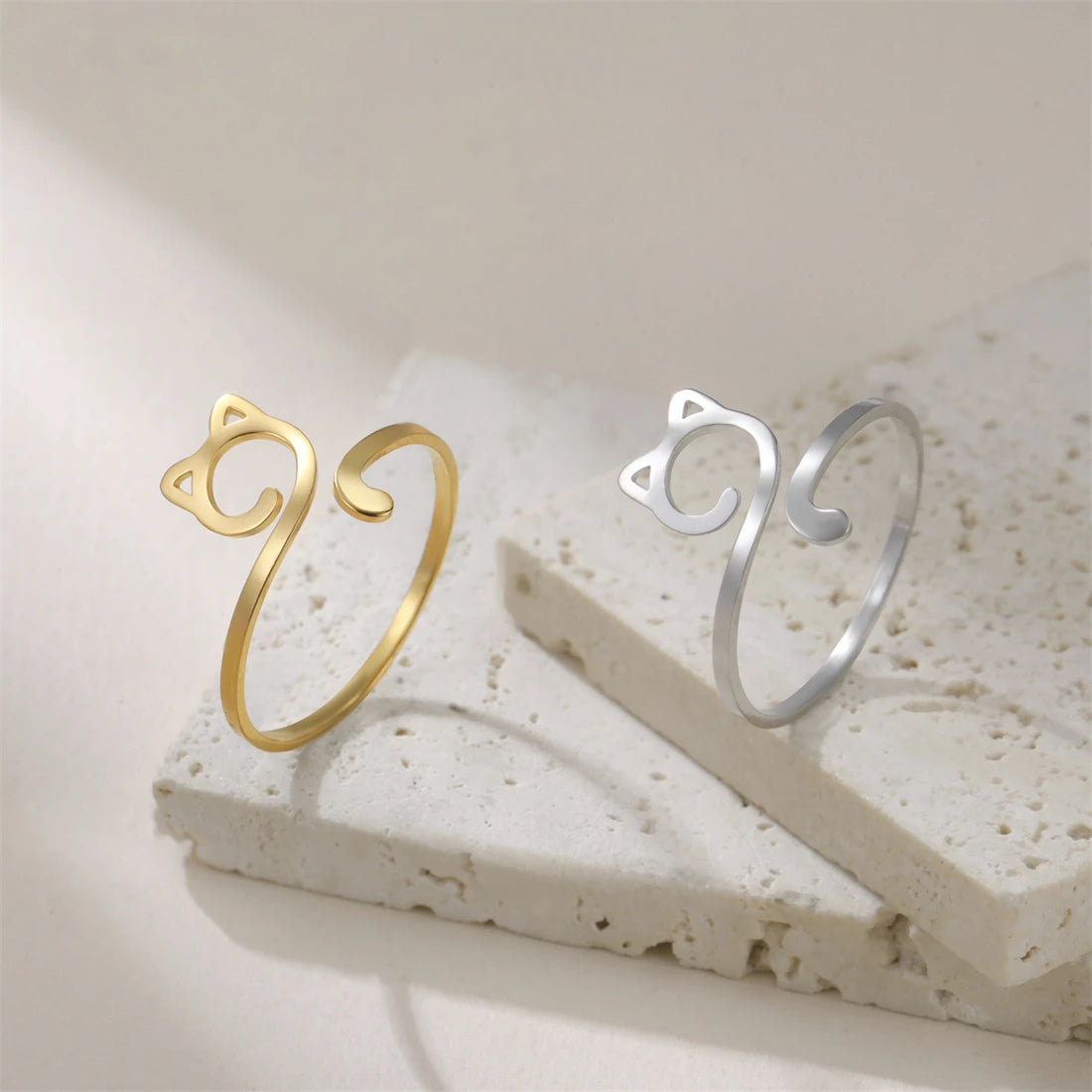 Minimalistischer Edelstahl Katzenring Damen und Mädchen verstellbar