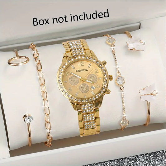 Luxus Damen Quarzuhr Set Gold Strass Drei-Augen-Design Schmetterling