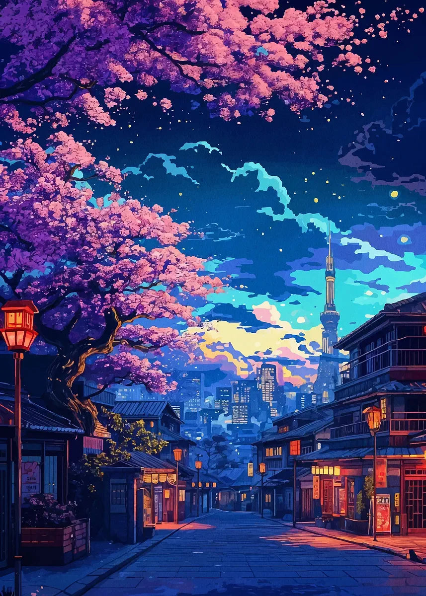 Japanisches Kirschblüten-Dorf Leinwanddruck mit Mount Fuji Wandkunst-Yabubest - Home & More