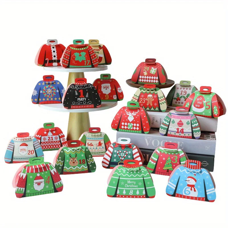 24 Stück festlicher Adventskalender im Pullover-Design mit Dekorationen