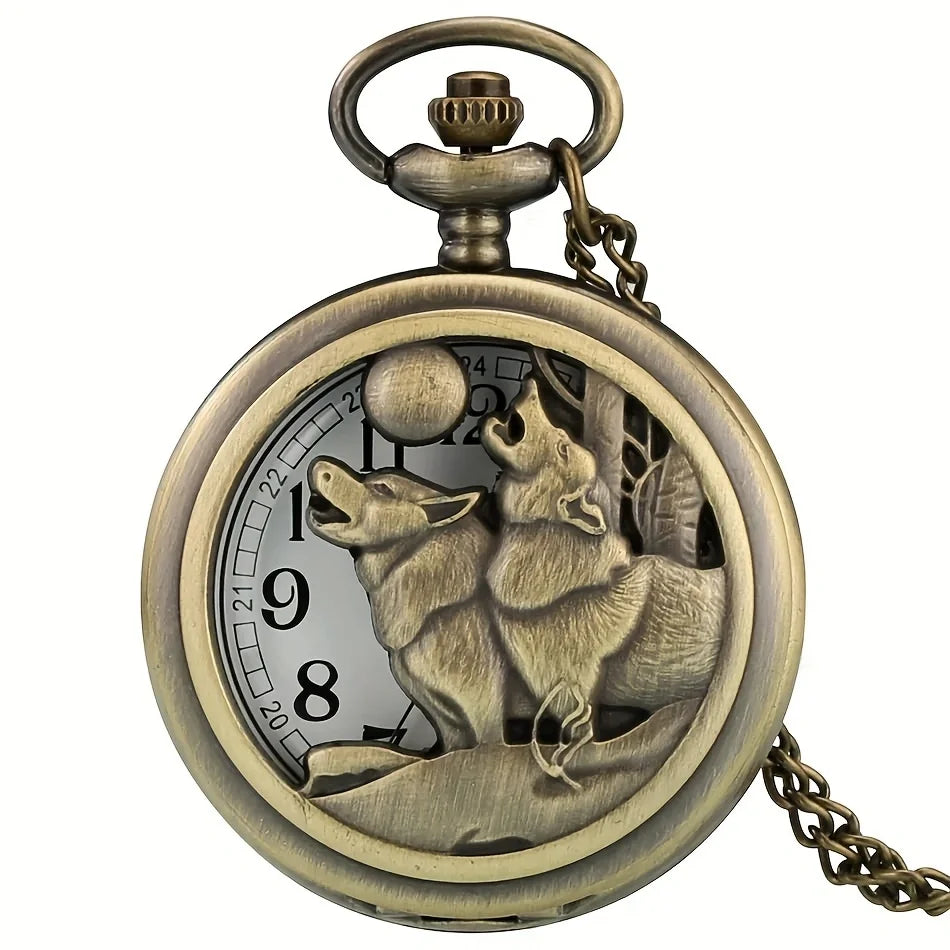 Vintage Taschenuhr Halskette - Wolf Design - Quarzuhr Unisex - Bronze Legierung