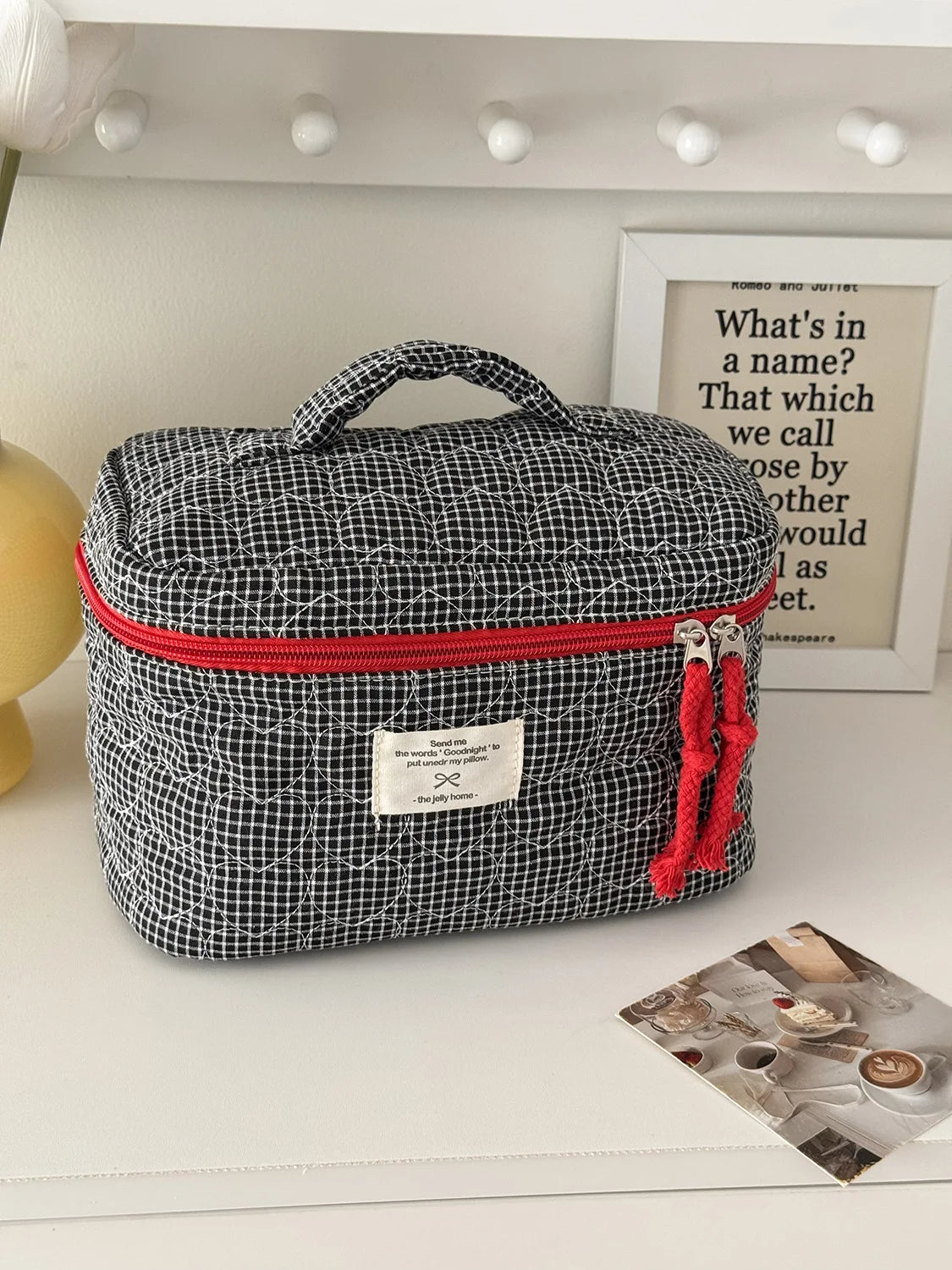 Gesteppte herzförmige karierte Damen Kosmetiktasche große Kapazität