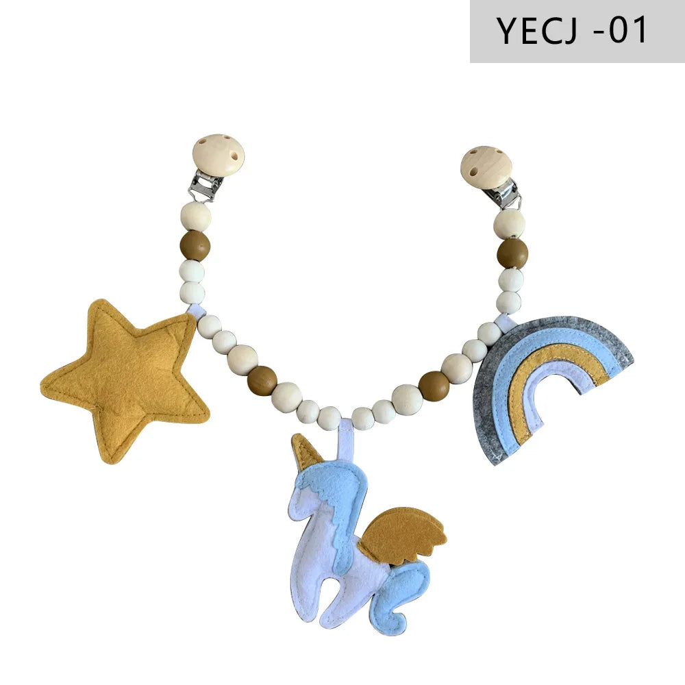 Holz-Kinderwagenclip mit Beißring und Rassel für Babys