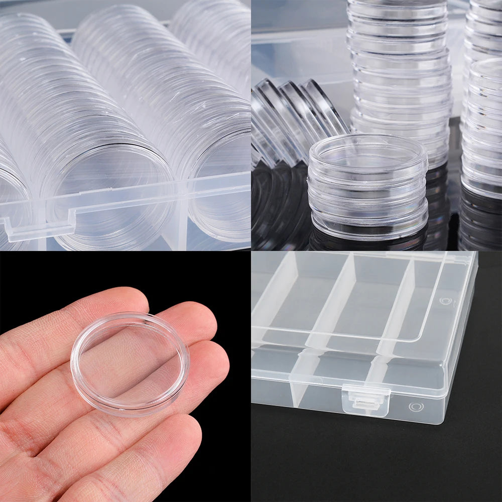 Universelle Münzaufbewahrungsbox aus Holz mit 100 transparenten Kapseln