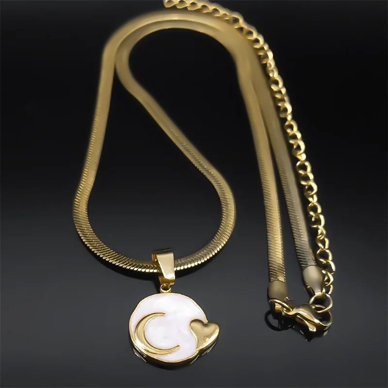 Mond Herz Emaille Lava Anhänger Halskette für Frauen Gold Edelstahl
