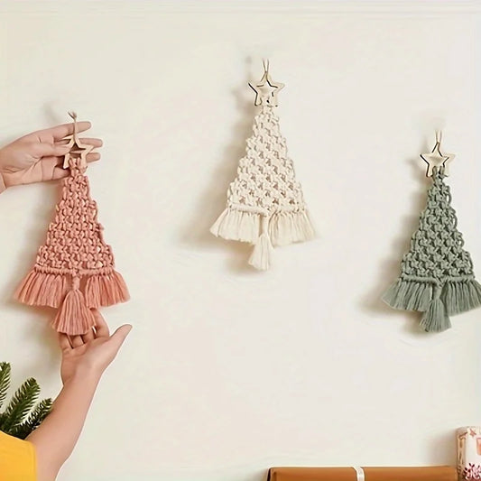3-teiliges Makramee-Weihnachtsbaum DIY-Set in Smaragd, Creme und Rosa