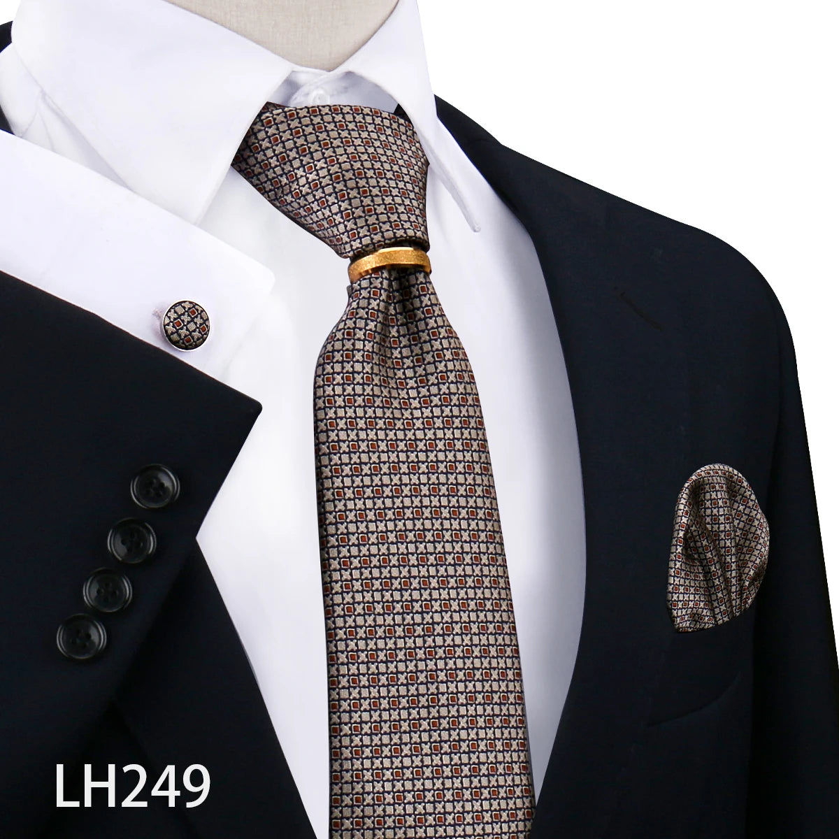 Herren Krawattenset Gold Ring, Manschettenknöpfe, Einstecktuch Festlich