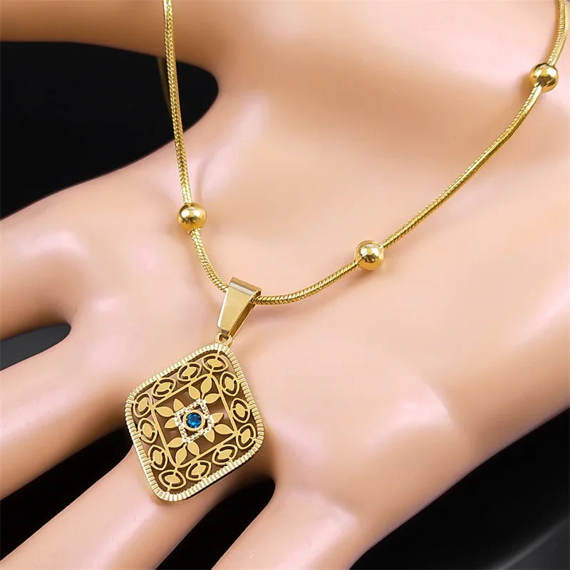 Ethnische Raute Anhänger Halskette Edelstahl Gold Farbe Geometrisch