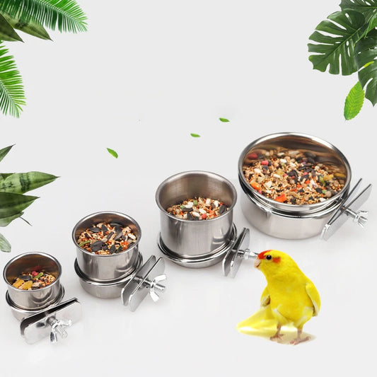 Edelstahl Futter- und Wasserschüssel mit Halter für Haustier-Vögel