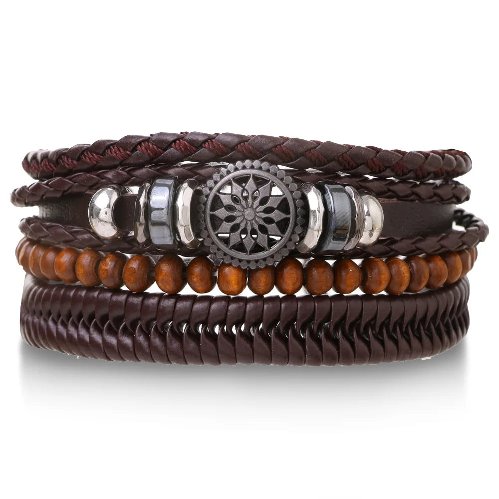 4-teiliges Herren-Lederarmband-Set mit Vintage Lebensbaum - Holzperlen