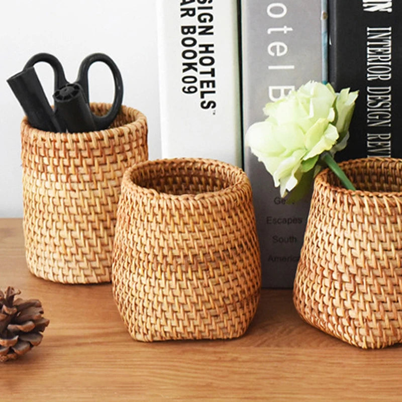 Handgefertigter Stifthalter aus gewebtem Holz Rattan Büro Schreibtisch