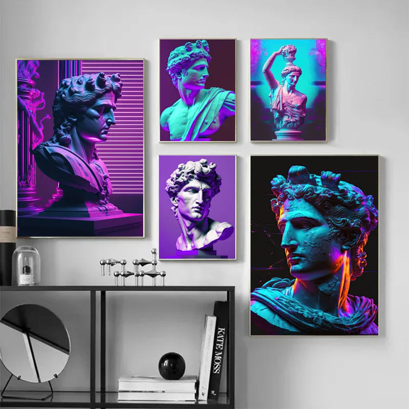 Bunte abstrakte Leinwanddrucke mit antiker griechischer David-Skulptur