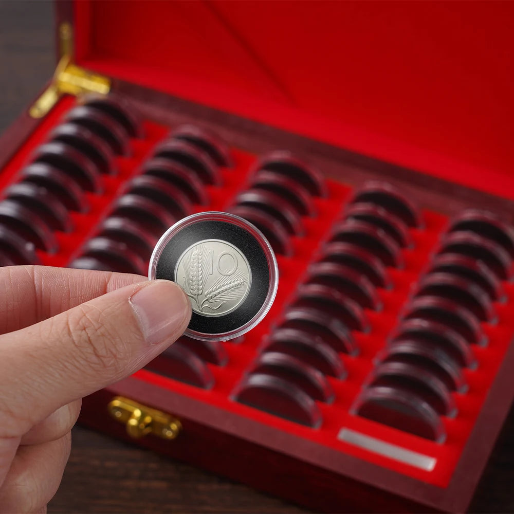 Praktische Holzkassette zur Aufbewahrung von 50 Münzen