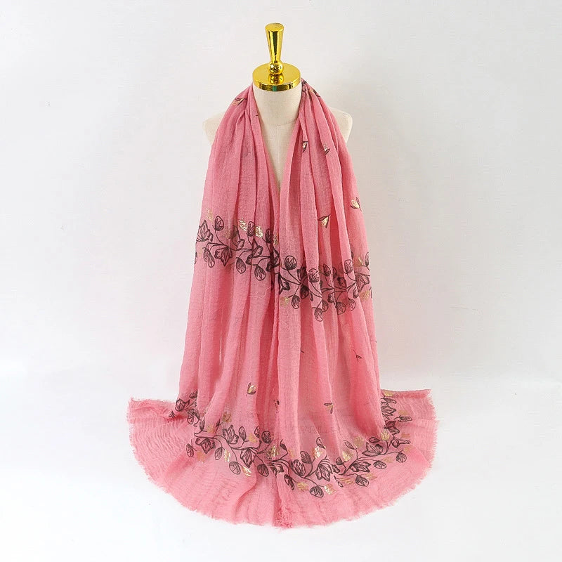 Damen Baumwoll-Leinen Schal Gold Bedruckt Quadratisch Kleine Blumenmuster