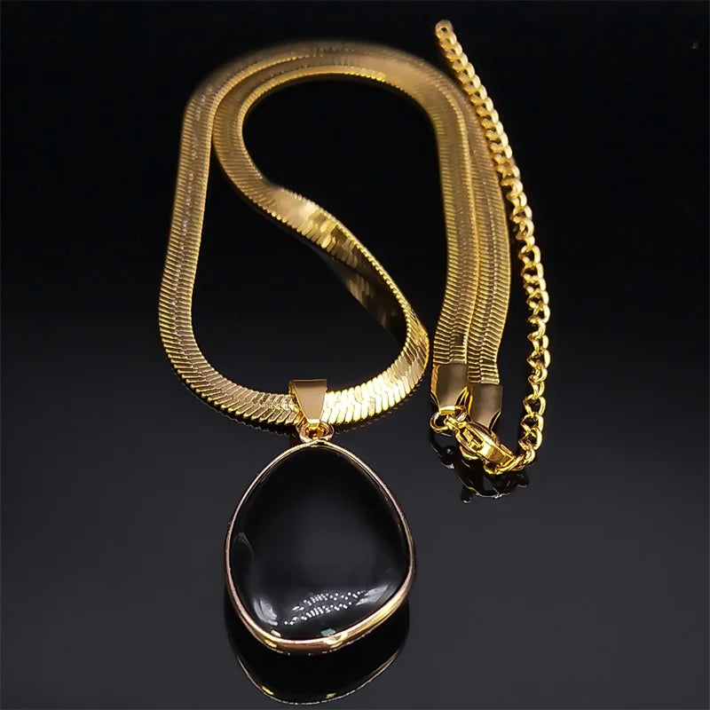 Unregelmäßiger Schwarzer Obsidian Anhänger mit Edelstahl Schlangenkette