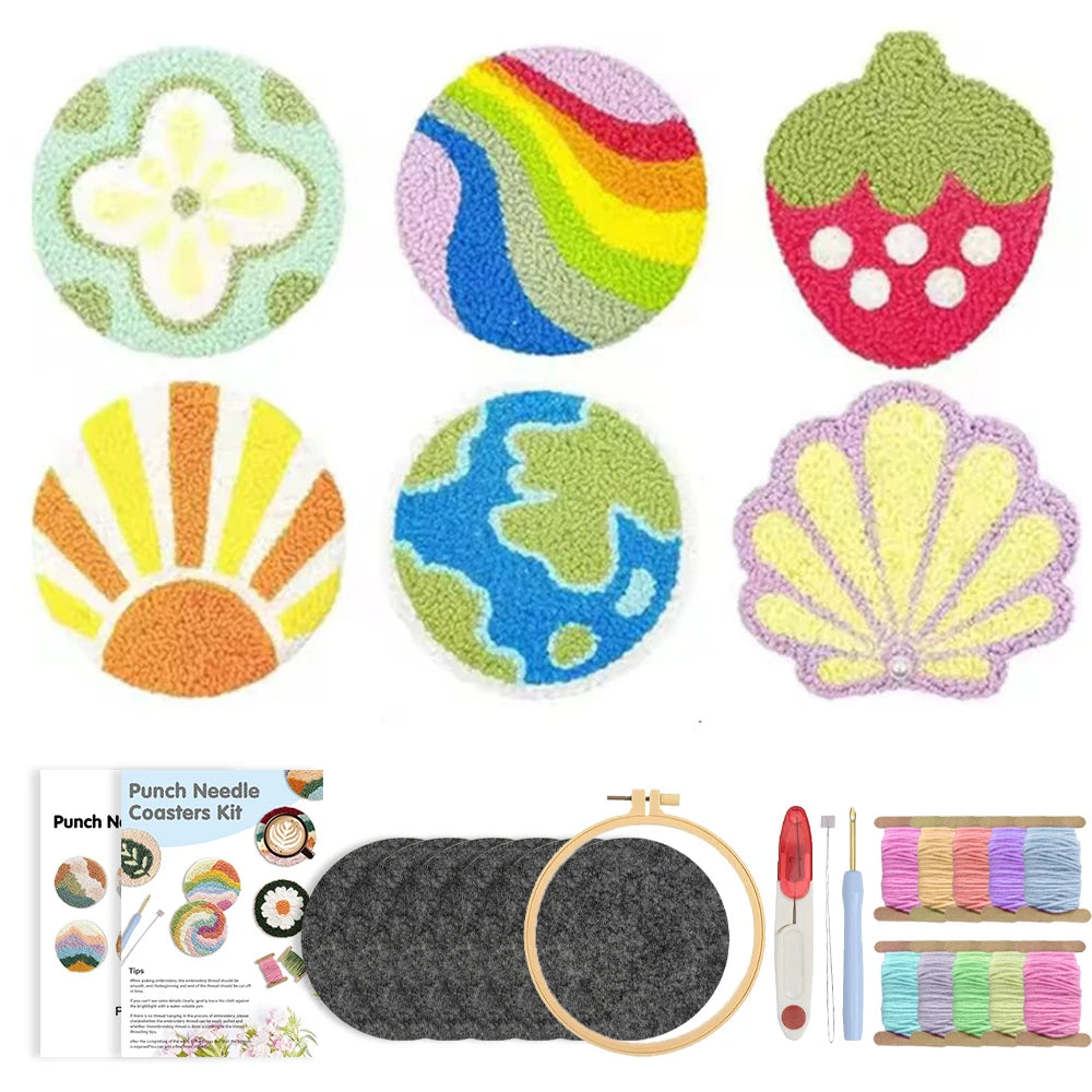 6-teiliges Punch Needle Untersetzer Set mit Pflanzenmuster für Anfänger