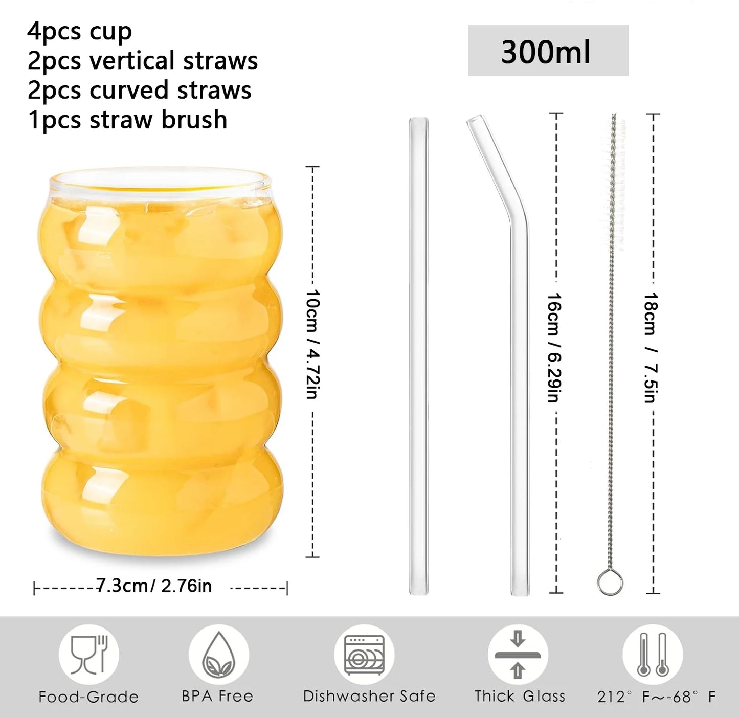 Set 4 kreative Glastassen mit Strohhalmen klar gerippt