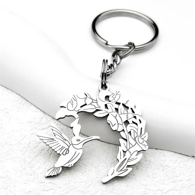 Silberfarbener Edelstahl Schlüsselanhänger Kolibri Blumen Motiv Unisex