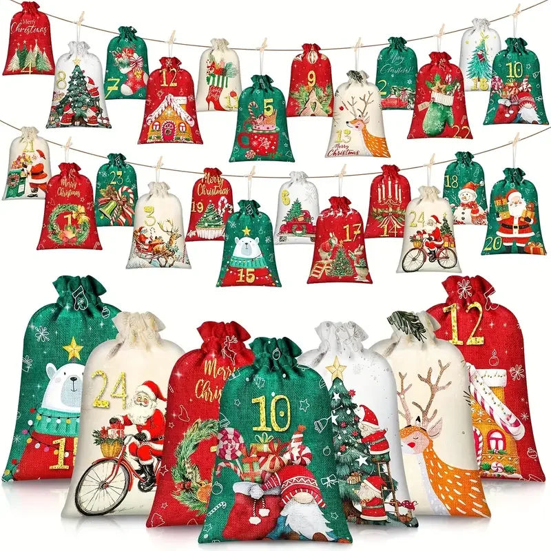 24-teiliges Adventskalender Set aus Sackleinen mit Kordelzugbeuteln