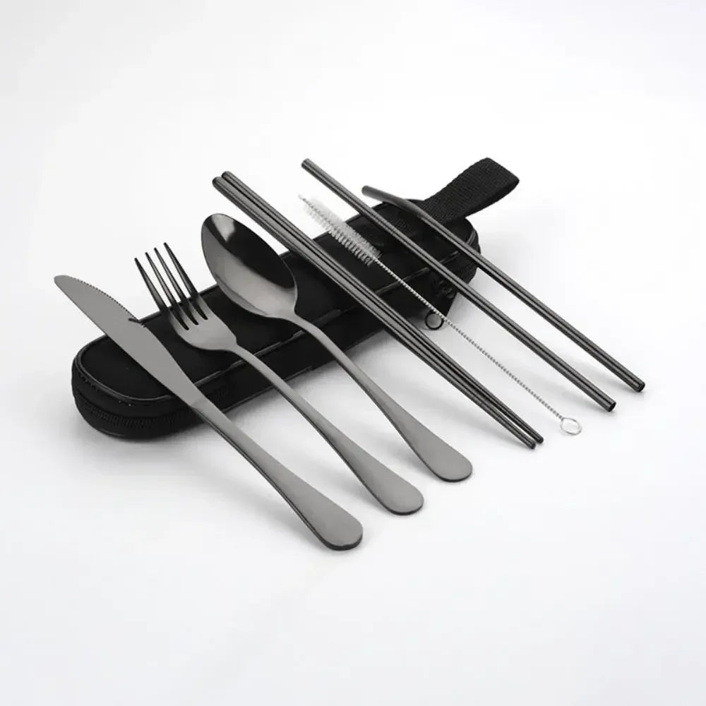 Nachhaltiges 7-teiliges Edelstahl Besteckset mit Reise-Strohhalm – robust - tragbar