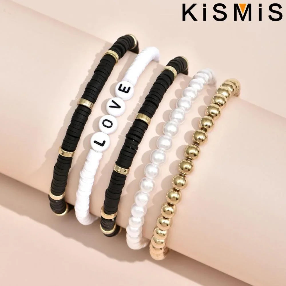5er Set bunte Tonarmbänder für Damen elastisch weich im Boho Stil