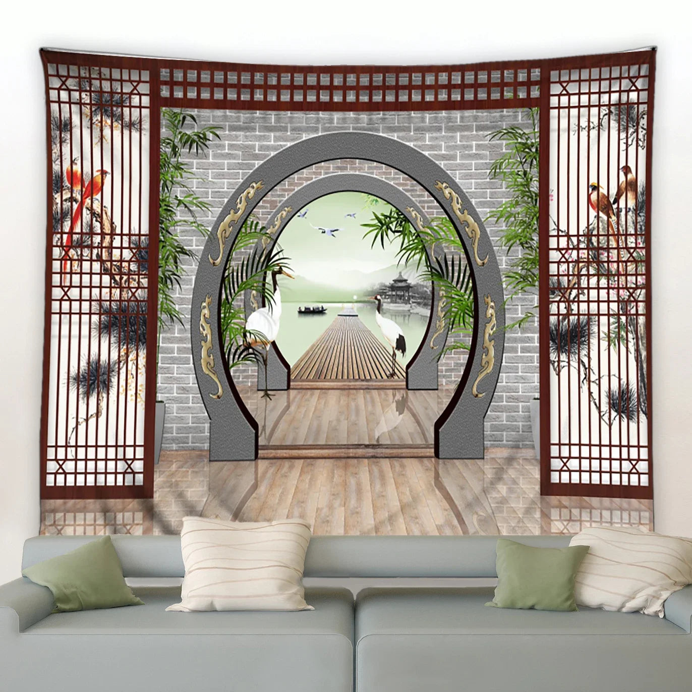 Traditionelle chinesische Wandtapisserie mit grünem Bambusmotiv