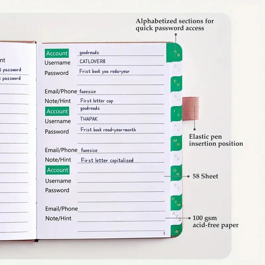 Hardcover Passwort Notizbuch mit alphabetischen Registern für Büro