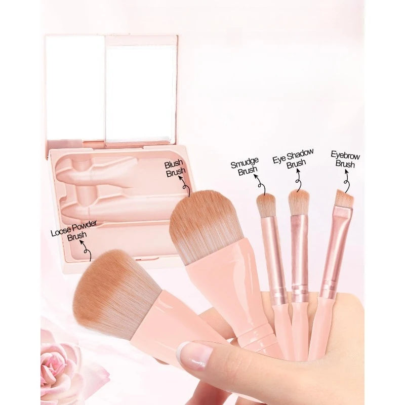 Vielseitiges 5-in-1 Make-up-Pinsel-Mini-Set Hellrosa mit Spiegel - Hartschale