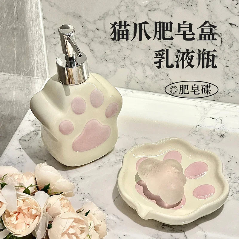 Keramikseifenspender mit Katzenpfoten Motiv für Dusche und Bad