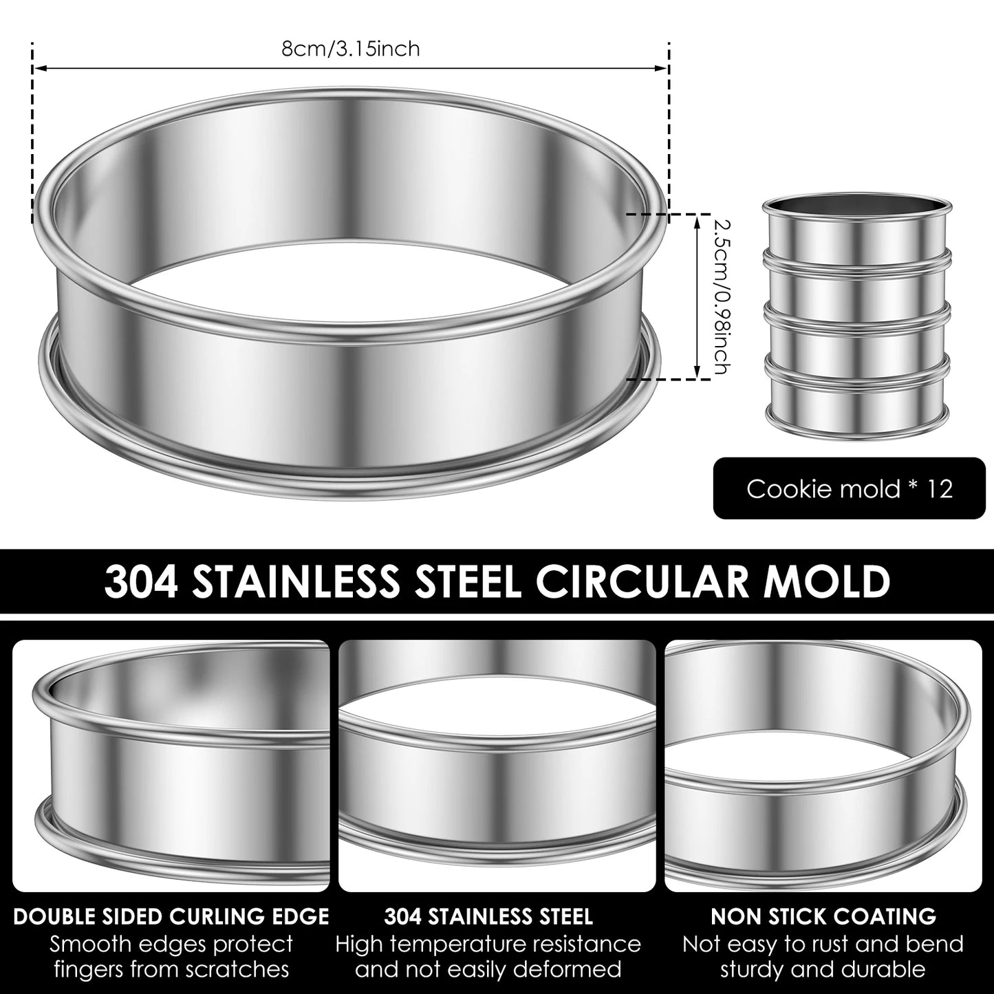 12er Set Edelstahl Muffin Crumpet Ringe Antihaft Doppelt Gerollt