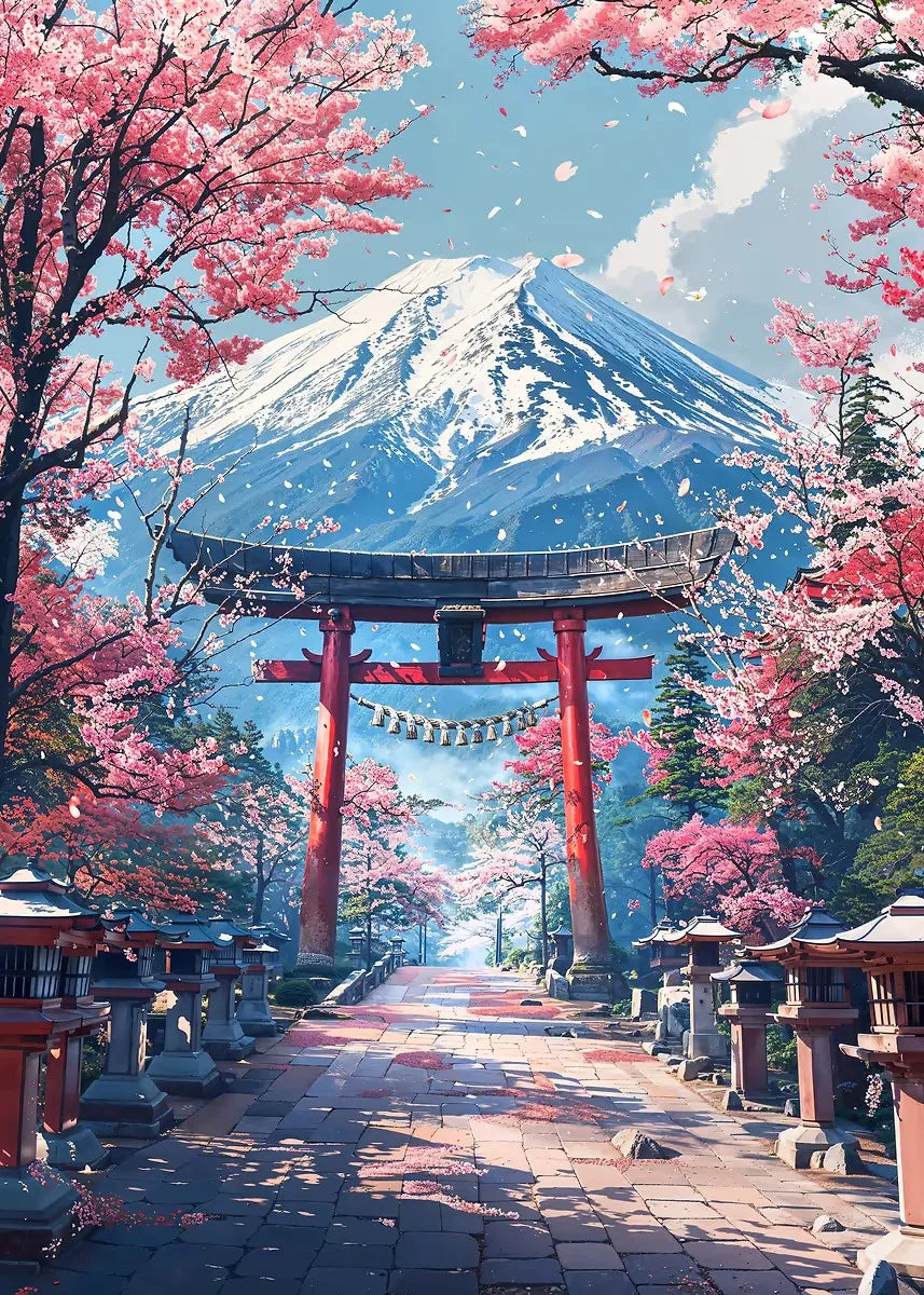 Japanisches Kirschblüten-Dorf Leinwanddruck mit Mount Fuji Wandkunst-Yabubest - Home & More