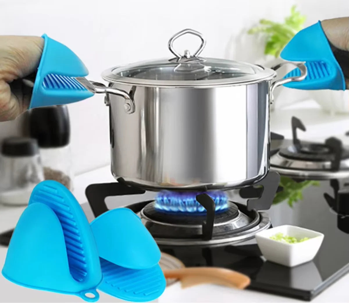 2er Set dicke Silikon Ofenhandschuhe mit Anti-Rutsch Topfclips Küche