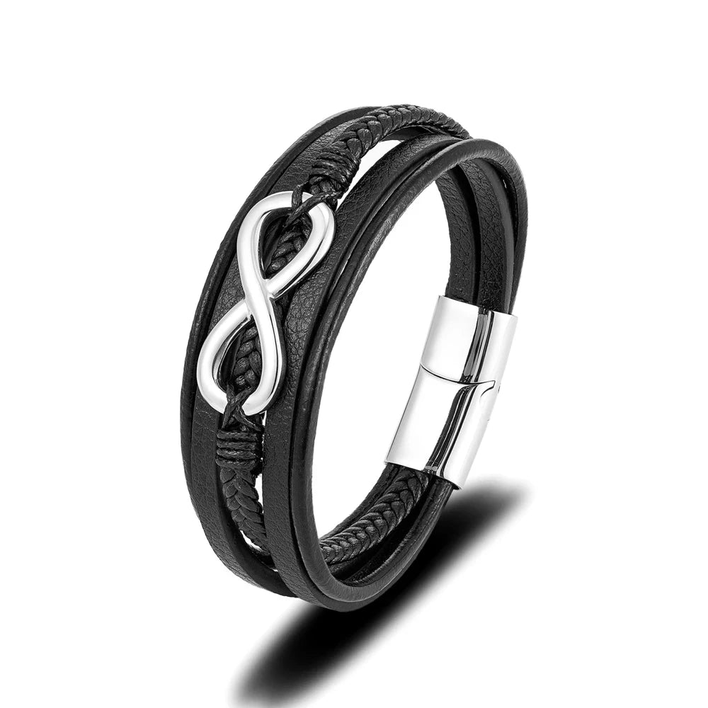 Klassisches Herren Lederarmband Mehrschichtig Geflochten Edelstahl Magnetverschluss