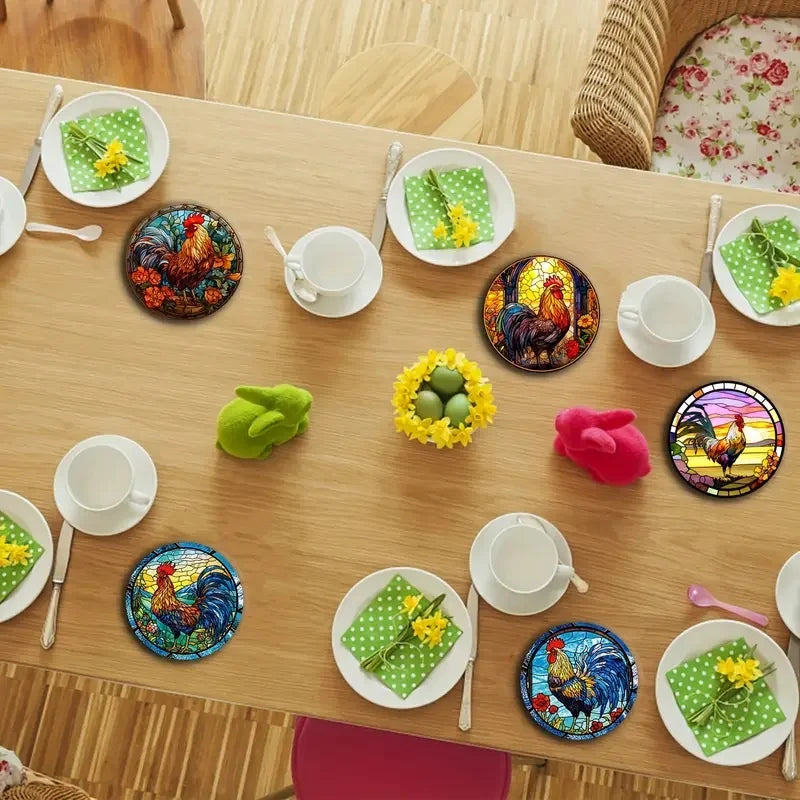 6er Set Holzuntersetzer Hahn – Rutschfest und Dekorativ für Zuhause