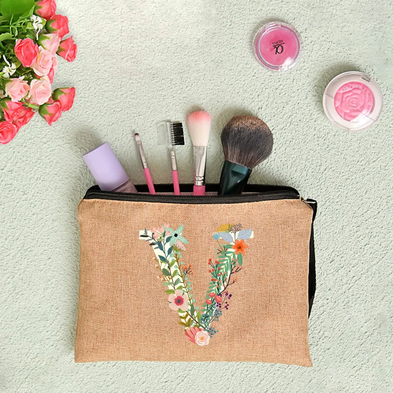 Leichter Leinwand Kosmetikbeutel mit Reißverschluss und floralem Design