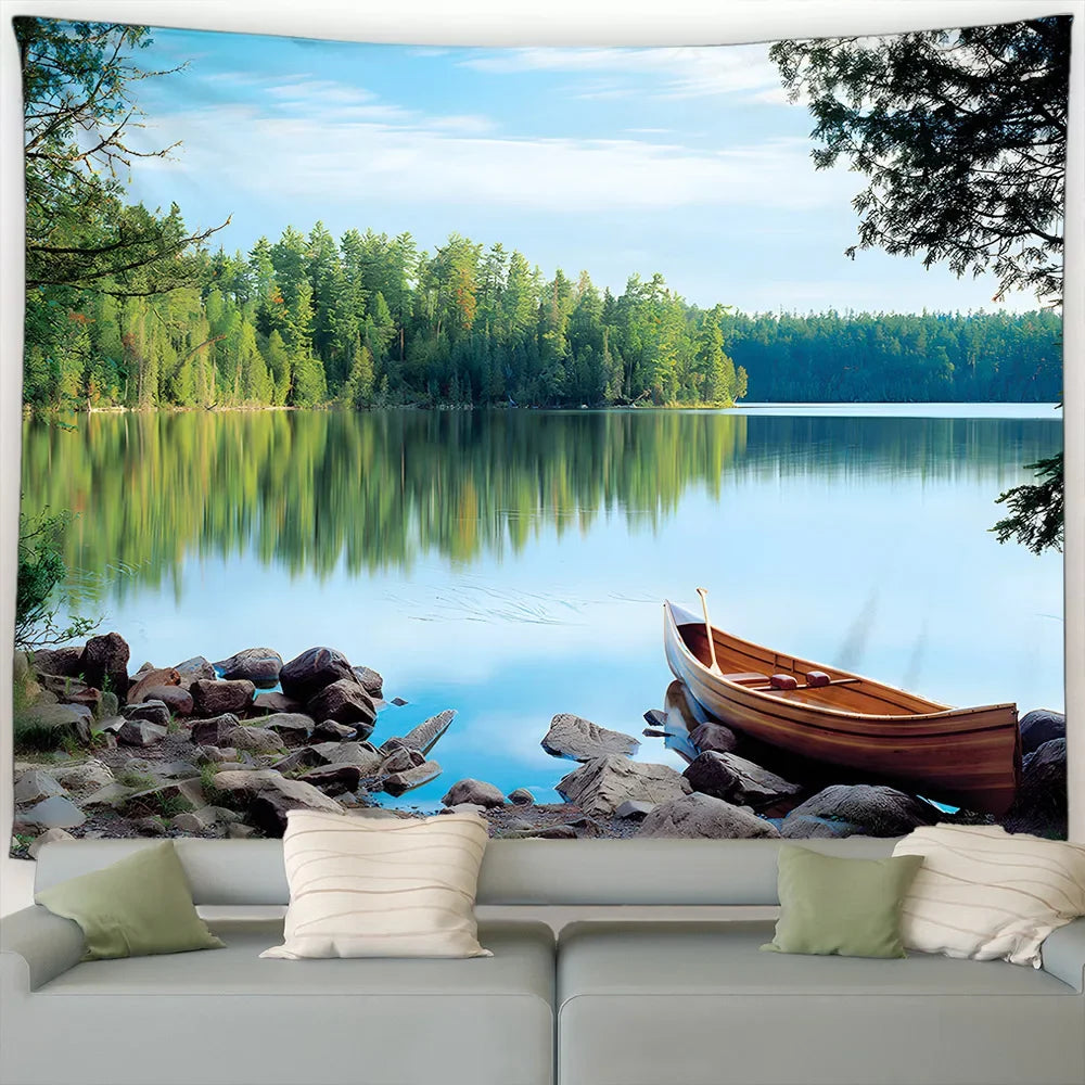 Ländliche Landschafts Tapisserie mit Wald und Wasserfall Motiv