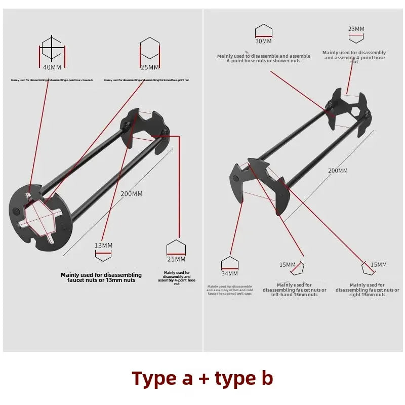 Multifunktionaler Vier-Backen-Schraubenschlüssel für Wasserhähne – robust - präzise