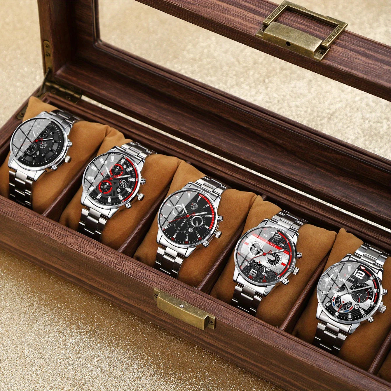 5-teiliges Uhren-Set für Herren mit Datum und Legierungsarmband