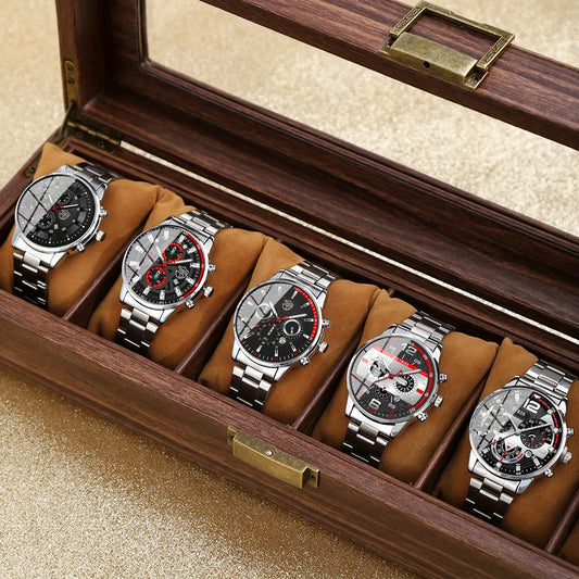 5-teiliges Uhren-Set für Herren mit Datum und Legierungsarmband