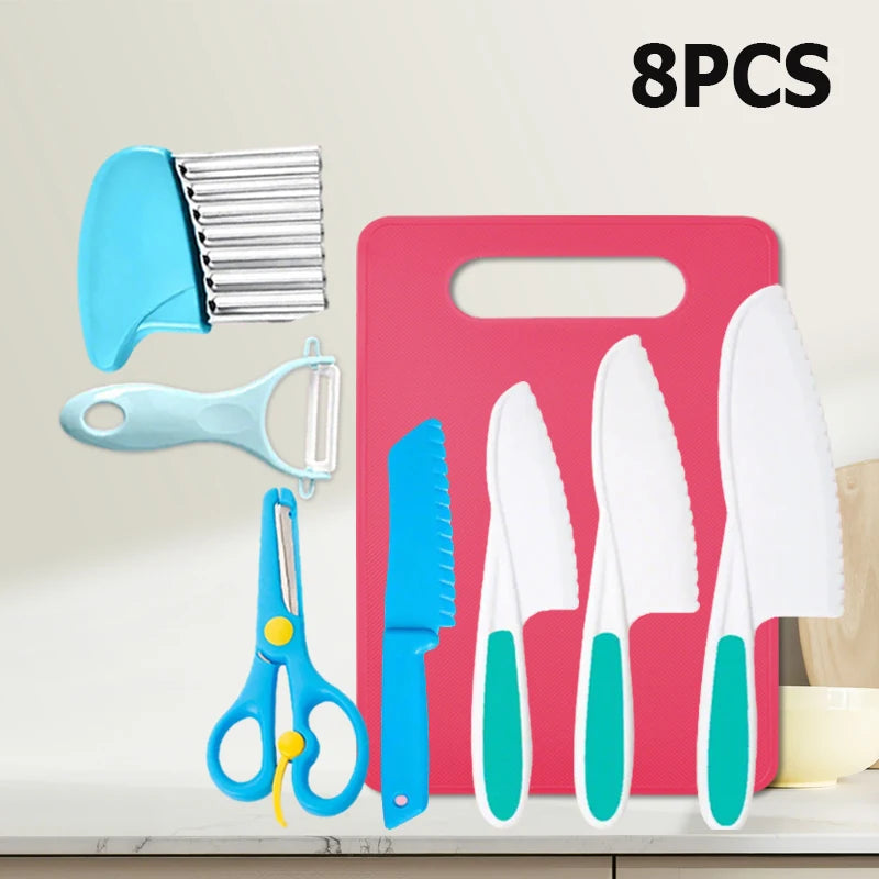 9-teiliges kindersicheres Kochschneider Messer Set mit Schälern und Schneidebrettern