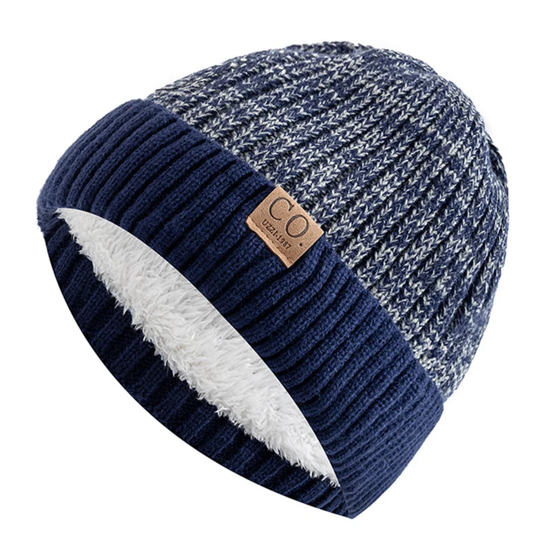 Unisex Zweifarbige Winter Beanie Mütze mit Pelzfutter für Wärme