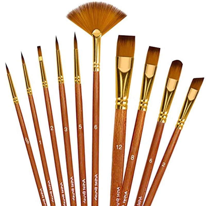 Vielseitiges 10-teiliges Nylon-Pinsel-Set mit Holzgriffen für Acryl - Öl