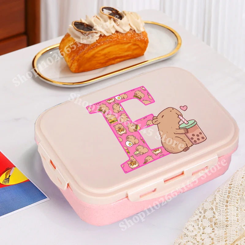 Niedliche Capybara Lunchbox mit A-Z Buchstaben, Single Layer Bento Box
