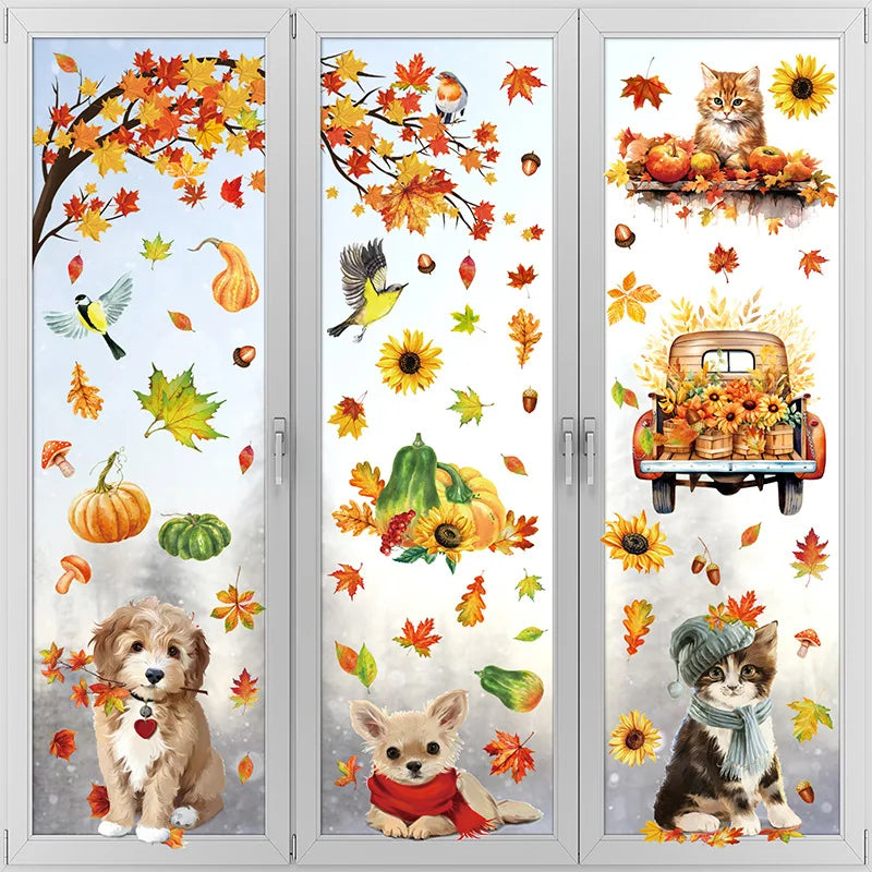 9teiliges Herbst Deko Set Fensteraufkleber Kürbis Ahornblatt Katzen Hunde